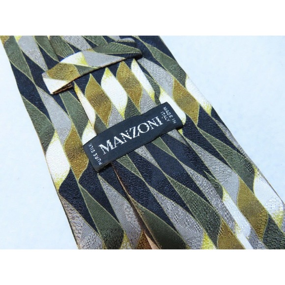 Manzoni Geometric Art Abstract Striped Black Diamond Italy Silk Neck Tie - Picture 8 of 10